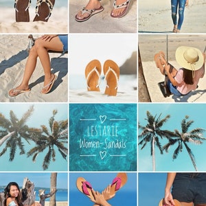 May include: A collage of images featuring women wearing various styles of sandals on a beach. The sandals are made of leather and have a variety of colors and designs. The text "LESTARIE Women-Sandals" is featured in the center of the collage.