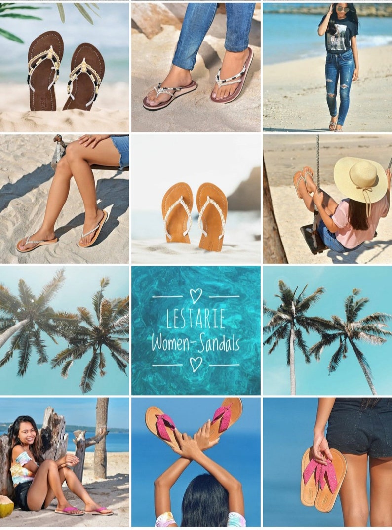 May include: A collage of images featuring women wearing various styles of sandals on a beach. The sandals are made of leather and have a variety of colors and designs. The text "LESTARIE Women-Sandals" is featured in the center of the collage.