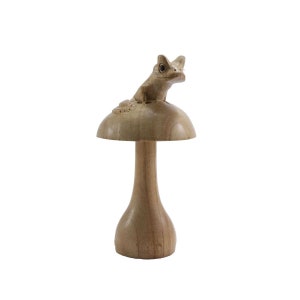 Mushroom with frog 15 cm, wooden figure hand carved, animal statuette, mango wood decoration, natural decoration unique piece,