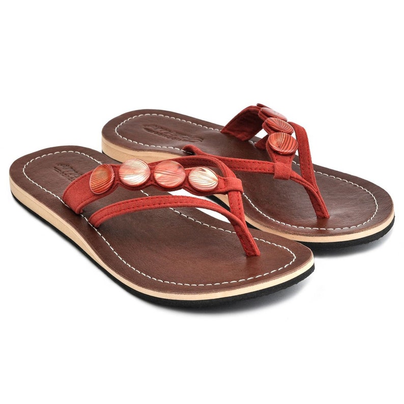 Lestarie Women's Leather Flip Flops, Mother of Pearl Accessory Toe Separator Sandals, Toe Post Sandal with Real Leather, Toe Sandals Discontinued Model Red