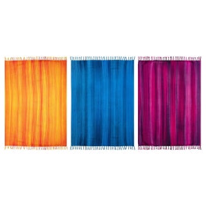 May include: Three rectangular beach towels with fringed edges. The towels are striped with a gradient of colour. The first towel is orange and yellow, the second is blue, and the third is purple.