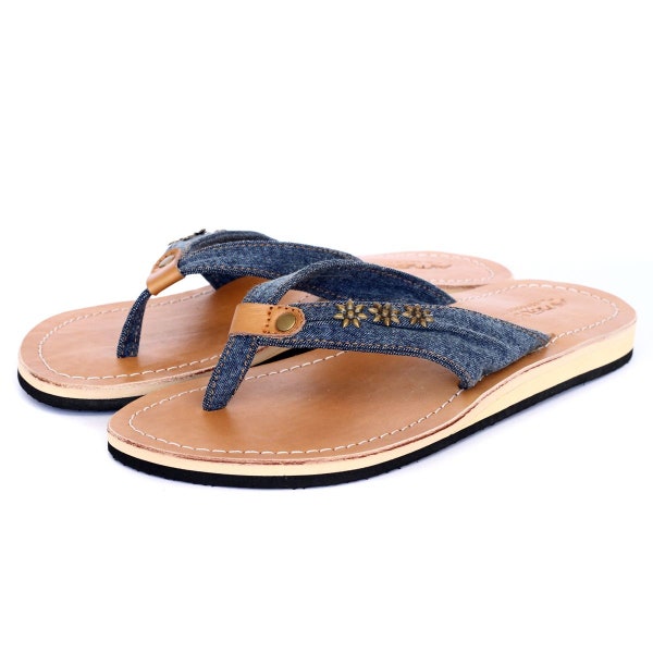 Lestarie Damen Leder Flipflops, Jeans Zehentrenner Sandalen, Denim Zehensteg Sandale mit Echtleder