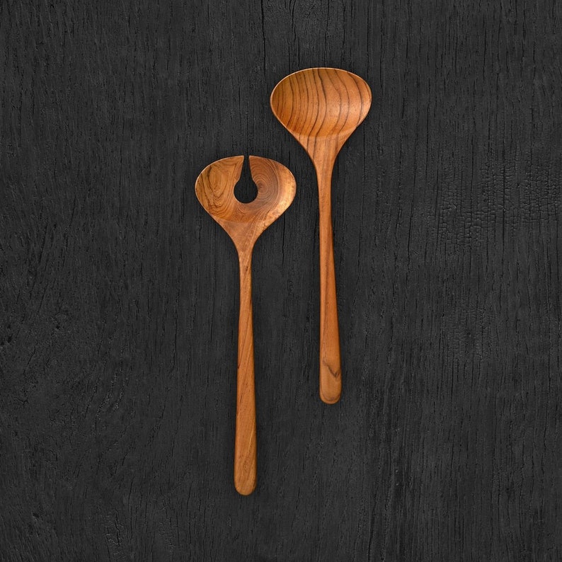 Couverts à salade en bois de teck lot de 2, accessoires de cuisine couverts 30 cm cuillère en bois fourchette en bois fourchette à salade, couverts de service, ustensiles de cuisine LESSTARIE image 3