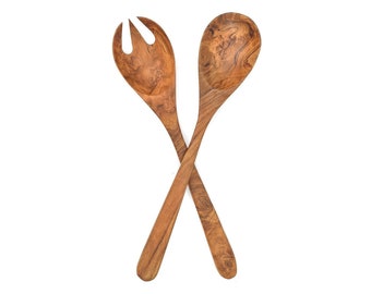 Teak Holz Salatbesteck 2er Set, Kochzubehör 28cm Besteck Holzlöffel Holzgabel Salatgabel, Servierbesteck, LESTARIE Küchenutensilien