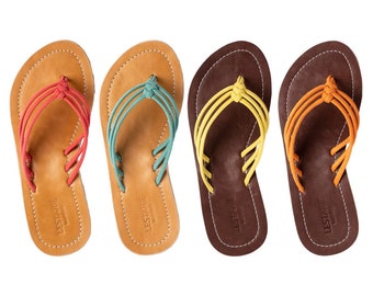 Lestarie Damen Leder Flip Flops, Zehentrenner Sandalen, Zehensteg Sandale mit Echtleder, Zehensandale Gelb, Orange, Rot, Türkis Gr.36-43