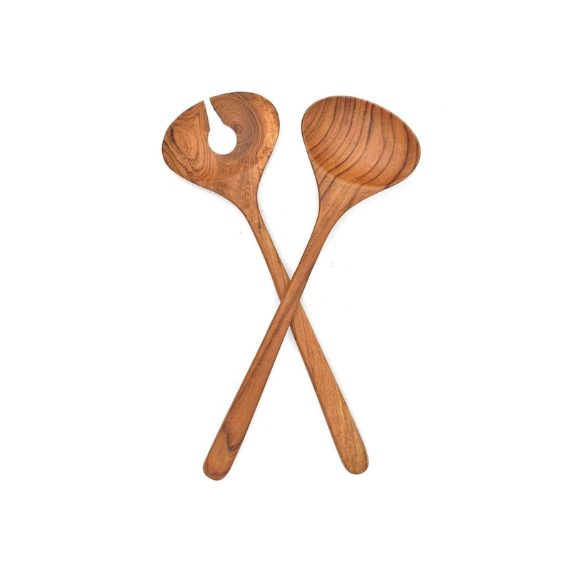 Teak wood salad cutlery set of 2, cooking accessories 30 cm cutlery wooden spoon wooden fork salad fork, serving cutlery, LESTARIE kitchen utensils image 1