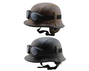 Motorradhelm, Schutzhaube, Leder, Retro Helm, Vintage Klassischer Motorrad Jethelm, inkl. Deko Brille