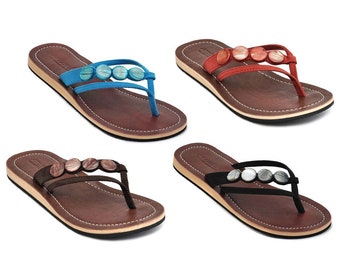 Lestarie leren slippers voor dames, parelmoer accessoire teenscheidingssandalen, teensandaal met echt leer, teensandalen (stopgezet model)