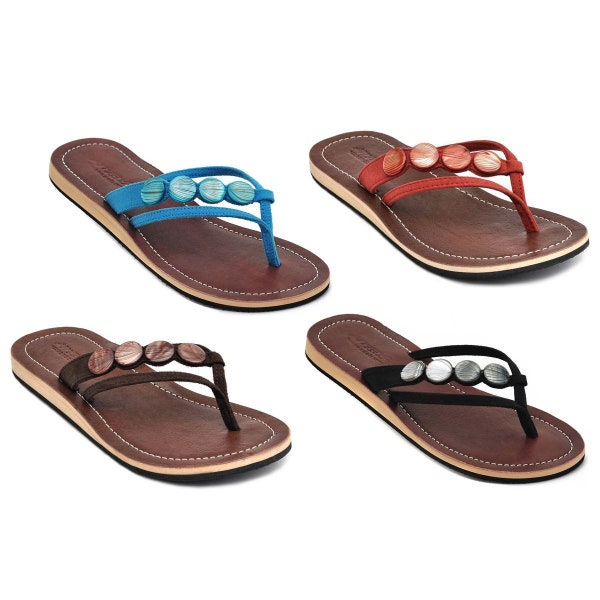 Lestarie leren slippers voor dames, parelmoer accessoire teenscheidingssandalen, teensandaal met echt leer, teensandalen (stopgezet model)