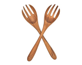 Teak Holz Salatbesteck 2er Set, Kochzubehör 22cm Besteck Geschirr Holzgabel Salatgabel, Servierbesteck, LESTARIE Küchenutensilien