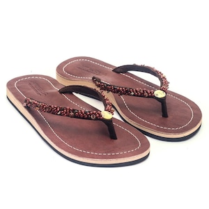 Lestarie women&#39;s leather flip-flops, toe-separator sandals, toe-post sandals with genuine leather, toe sandals with decorative stones (discontinued model)