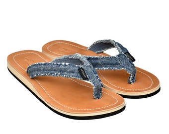 Lestarie Damen Leder Flipflops, Jeans Zehentrenner Sandalen, Denim Zehensteg Sandale mit Echtleder Gr.36-43