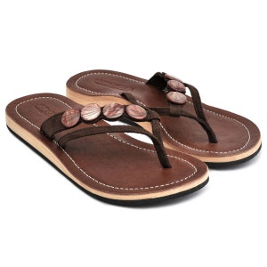 Lestarie Women's Leather Flip Flops, Mother of Pearl Accessory Toe Separator Sandals, Toe Post Sandal with Real Leather, Toe Sandals Discontinued Model Brown