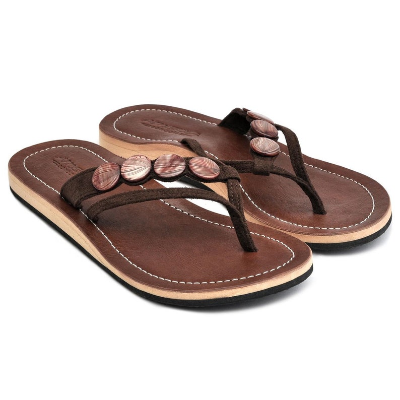 Lestarie Women's Leather Flip Flops, Mother of Pearl Accessory Toe Separator Sandals, Toe Post Sandal with Real Leather, Toe Sandals Discontinued Model Brown