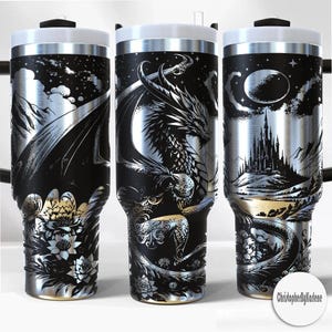 Fantasy Dragon Tumbler Cup, 30oz 40oz Laser Engraved Dragon Travel Mug, Gothic Dragon Coffee Cup, Hot Cold Drink, Dragon Tumbler Gift