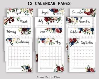 2025 Printable Floral Calendar - Navy and Burgundy, Monthly Planner, Stationery and Weekly Planner | US Letter PDF | A4 Size PDF