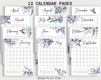 2025 Calendar Page Printable, Hummingbird and Flower Calendar, Purple Stationery and Planner Pages, US Letter Size and A4 Size Included