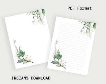 Leaf Stationary Set. Green and Gold Foliage Paper. Letter Paper Stationary. Elegant Stationery Leaves. Digital Paper Printable Download