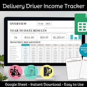 May include: A computer screen displaying a Google Sheet template for tracking delivery driver income. The sheet includes sections for year-to-date results, monthly breakdown, and mileage logs. The sheet is titled "Delivery Driver Income Tracker".