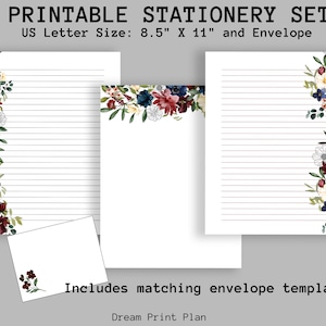 Set de papelería floral. Papel de escribir con flores burdeos y azul marino. Elegante página para escribir cartas. Papel digital con flores. Página de diario tipo tableta.