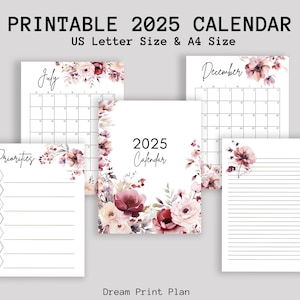 Calendario floral imprimible 2025: rosa y burdeos, planificador mensual, papelería y planificador semanal / tamaño carta de EE. UU. PDF / tamaño A4 PDF