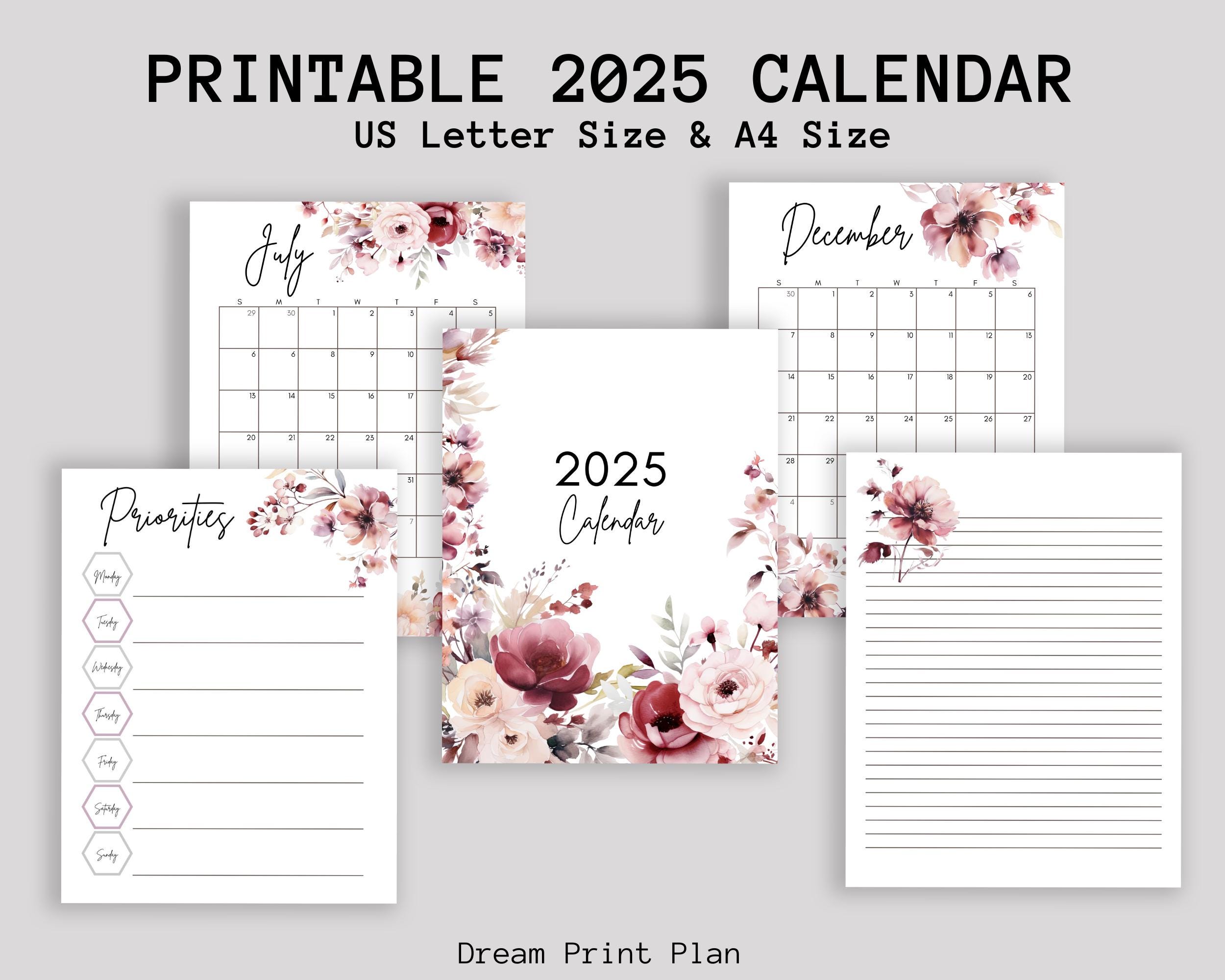 2025 Printable Floral Calendar - Pink & Burgundy, Monthly Planner, Stationery and Weekly Planner | US Letter PDF | A4 Size PDF