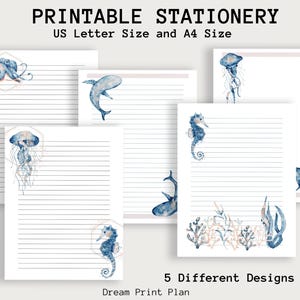 Conjunto de papelería con tema marino. Papel de escritura del océano azul y melocotón. Página elegante para escribir cartas. Papel de notas digitales de caballito de mar. Tableta de página de diario