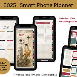 Digital 2025 Planner for Phone, Flower Android Pocket Planner, 2025 Goodnotes Planner, Daily Hyperlinked Planner and Matching Stickers