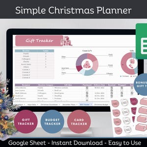 Puede incluir: Una plantilla de hoja de cálculo de Google para un planificador de Navidad digital con un esquema de color rosa y azul. La hoja incluye un rastreador de regalos, un rastreador de presupuesto y un rastreador de tarjetas. La imagen también incluye un PDF adicional de etiquetas de regalo con un diseño floral rosa y blanco.