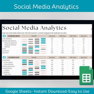 Socialmedia-analysetracker, prestatiesjabloon sociale media, Google Spreadsheets-planner, gegevenstracker 12 maanden, grafiek betrokkenheidstrends