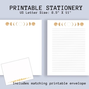 Moon Phases Stationary Printable. Lined Writing Paper. Celestial Stationary. Moon Phases Paper and Envelope. Pretty Stationary Pen Pal Set