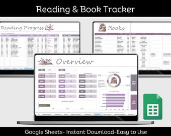 May include: A Google Sheets template for tracking reading progress and books read. The template includes sections for reading progress, books, overview, and a reading challenge. The template is designed with a lavender and purple color scheme and features a stack of books with lavender flowers.