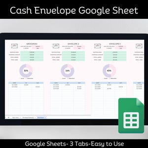 May include: A computer screen displaying a Google Sheet with three tabs labelled "Groceries", "Envelope 2", and "Envelope 3". Each tab has a budget tracker with a pie chart showing the percentage of money saved. The sheet is titled "Cash Envelope Google Sheet" and the text "Google Sheets - 3 Tabs - Easy to Use" is displayed below the screen. A green icon of a spreadsheet is in the lower right corner.