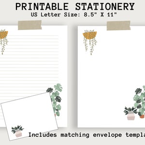 Papelería con plantas de interior. Papel de carta para amantes de las plantas. Imprimible de plantas. Lindo papel de notas con sobre a juego. Página para escribir cartas imprimible