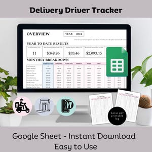 May include: A computer monitor displaying a Delivery Driver Tracker Google Sheet for 2024 with year-to-date results, monthly breakdowns, and earnings data. Includes a green spreadsheet icon and two printable PDF mileage log sheets for tracking deliveries.