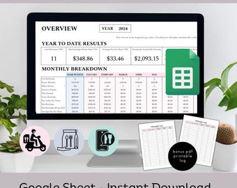 May include: A computer monitor displaying a Delivery Driver Tracker Google Sheet for 2024 with year-to-date results, monthly breakdowns, and earnings data. Includes a green spreadsheet icon and two printable PDF mileage log sheets for tracking deliveries.
