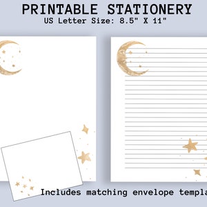 May include: Printable stationery set with a gold crescent moon and stars design. The set includes a lined sheet of paper and a matching envelope template. The paper is 8.5 inches by 11 inches.