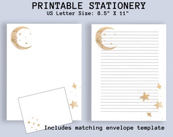 Moon Stationary and Envelope. Celestial Stationery. Digital Paper. Lined Writing Moon Paper. Pen Pal Set with Envelope.  Digital Paper Lined