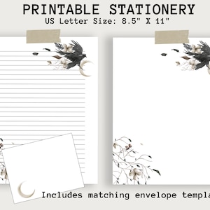 Raven Letter Writing Pages, Moon and Raven Stationery, Pen Pal Page, Journaling Paper with Moon, Digital Journal Paper, Printable Paper