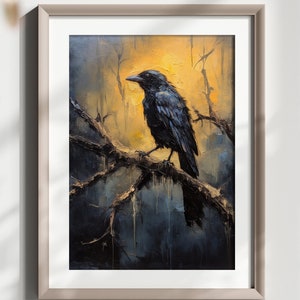 Vintage Oil Painting of Crow Dark Academia Digital Print Moody Wall Art Dark Academia Decor