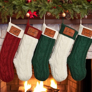 2026年 ファミリーニットクリスマスストッキング、カスタムニットクリスマスストッキング、名前入りレザーパッチクリスマスストッキング、ホリデーストッキング