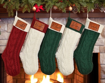 2023 Family Knitted Christmas Stockings, Custom Knitted Christmas Stockings, Leather Patch Christmas Stockings With Name, Holiday Stockings