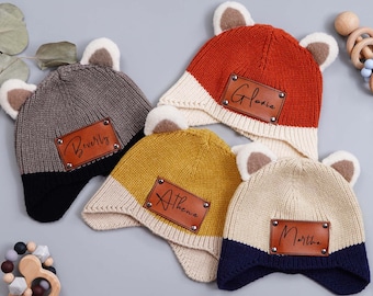 Benutzerdefinierte Baby Mützen, Leder Patch Mützen, personalisierte Neugeborene Mützen, Baby Mütze mit Name, Kinder gestrickte Mütze, Baby-Dusche-Geschenk, Säugling Kindermütze