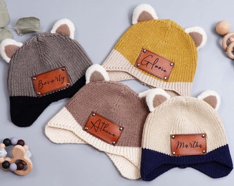 Personalisierte Neugeborenen Mützen,Babymütze mit Namen,Baby Mütze mit Name,Leder Patch Mütze,Kinder Strickmütze,Baby-Dusche-Geschenk,Säuglingskind Hut