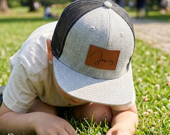 Personalisierter Säuglingshut, kundenspezifischer Kleinkindhut, Hut für Vater und Sohn, kundenspezifischer Babyhut, Fernlastwagenhut-Lederflecken, scherzt Baseballhut, Snapback-Hut