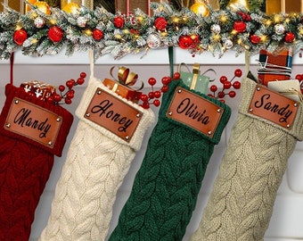 2023 Custom Knitted Christmas Stockings, Family Knitted Christmas Stockings, Custom Christmas Gifts, Leather Christmas Stockings With Name