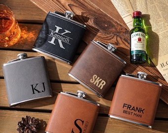 Personalisierte Lederflasche für Männer, benutzerdefinierte Lederflasche, Groomsmen Geschenk, Leder Flachmann, gravierte Flasche, monogrammierte Flasche, Geschenk für ihn