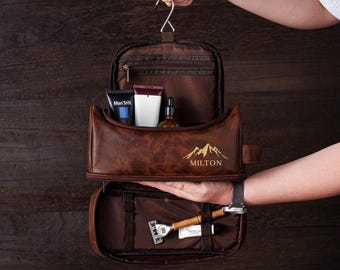 Personalized PU Leather Toiletry Bag, Engraved Dopp Kit for Men, Anniversary Gift
