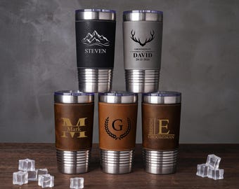 Vasos personalizados grabados para hombre, vasos de cuero con nombre personalizado, regalo para papá, taza de viaje con aislamiento, regalos para padrinos de boda, regalo para despedida de soltero