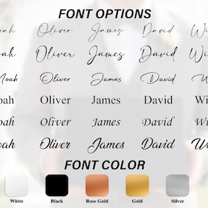 K&ouml;nnte beinhalten: Bild mit Schriftoptionen f&uuml;r personalisierten Text. Sechs Schriftarten werden mit Namen wie Noah, Oliver und James angezeigt. Schriftfarben sind Wei&szlig;, Schwarz, Ros&eacute;gold, Gold und Silber.